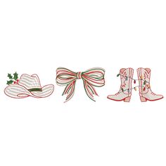 three cowboy boots with bows and holly on them