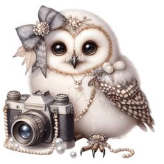 an owl with a camera and pearls on its neck is standing next to a pearl necklace