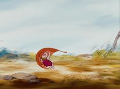 an animated image of a woman flying a kite in the air with rocks and grass around her