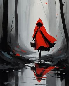 a painting of a woman in a red cloak walking through the woods