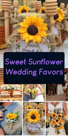 sunflower wedding favors are shown in this collage