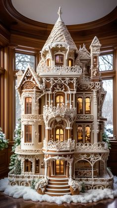 a large doll house sitting on top of a wooden floor in front of a window