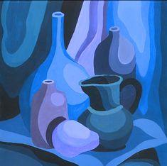 three vases are sitting on a blue cloth in front of a painting that looks like it has been painted with acrylic paint