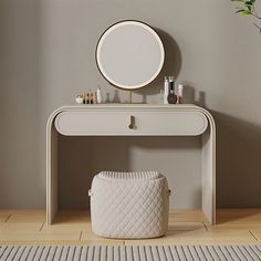 a white vanity with a round mirror above it