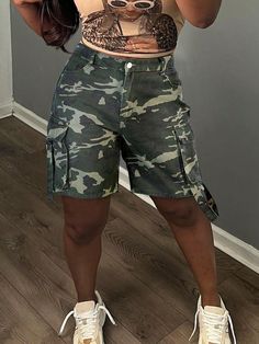 Army Green Casual Collar  Denim Camo,All Over Print Straight Leg Embellished Non-Stretch Summer Women Clothing Camo Jorts, Camo Shorts Outfit, Y2k Camo, Cargo Denim Shorts, Army Shorts, Women Denim Shorts, Camouflage Shorts, Purple Camo, Outfit Inspo Casual