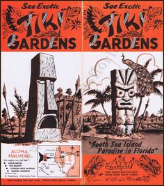 an orange and black advertisement for the garden's in florida, with palm trees