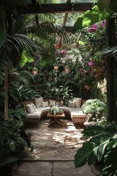 an outdoor seating area with lots of plants