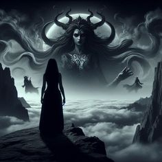 a woman standing on top of a mountain surrounded by clouds and demon like creatures in the sky