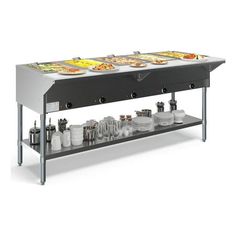 a buffet table with food on it and drinks in the bottom shelf for serving people