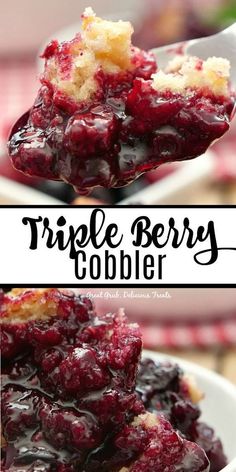 a spoon full of cranberry cobbler with the words triple berry cobbler above it