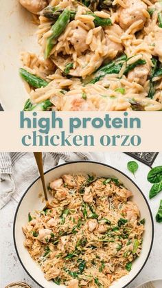 chicken orzo with spinach in a white bowl and on the side is an image of