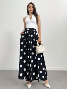 Women's Elegant Polka Dot High Waisted Skirt Black and White Casual   Woven Fabric Geometric,Polka Dot Flared Non-Stretch  Women Clothing, size features are:Bust: ,Length: ,Sleeve Length: Polka Dots Skirt, Dots Outfit, Skirt Black And White, Long Skirt Outfits, Women Skirts, Polka Dot Skirt, Dot Skirt, White Casual, Skirt Black