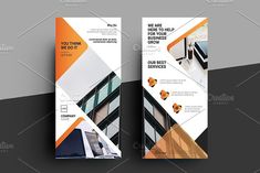 an orange and black business brochure with geometric shapes on the front, side and back