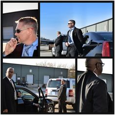 four pictures of men in suits and ties talking to each other, with one man wearing sunglasses