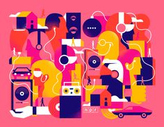 an abstract illustration of people with headphones and music equipment in pink, blue, yellow and orange colors