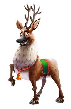 a cartoon reindeer with a bell on its neck and antlers around it's neck