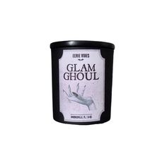 glam ghoul candle in black container with white label on the front and bottom