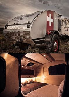 an old camper converted into a bed in the middle of two pictures, one with a red cross on it