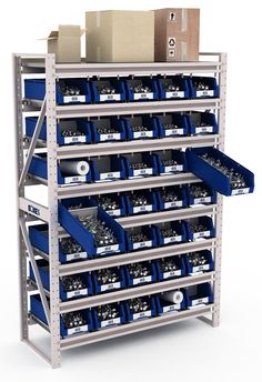 a large metal shelving unit with blue bins