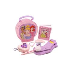 a pink toy set with princesses and accessories on the white background, including a purple case