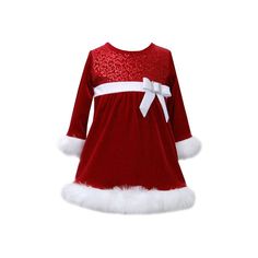 This Fun "Santa" Dress Will Have Her Looking Festive And Bright, With It's Sparkly Fabric, And Novelty Touches, She Will Be The Cutest Santa Around. Red Sparkle Velvet "Santa" Dress Red Sequin Bodice With White Satin Band And Side Bow With Novelty Buckle White Faux Fur Cuffs And Along Dress Hem Polyester/Spandex; Ribbon And Faux Fur: Polyester Machine Washable Imported Santa Dress, Matching Sisters, Sisters Dress, Red Velvet Dress, Bonnie Jean, Sparkle Dress, Empire Waist Dress, Red Sequin, White Faux Fur