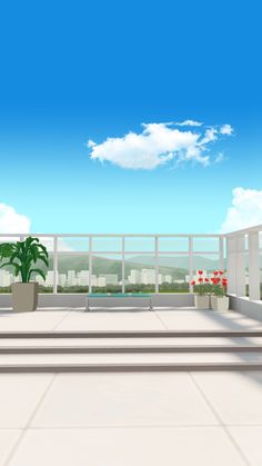 an empty balcony with potted plants on the side and blue sky in the background