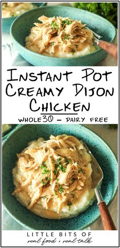 instant pot creamy dipon chicken in a blue bowl