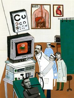 an illustration of a doctor and two men standing in front of a computer monitor