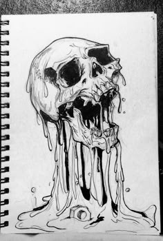 a drawing of a skull with glasses on it's head and dripping liquid coming out of its mouth