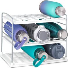 three tiered rack holding various types of water bottles