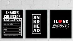 three black and white posters on a brick wall with the words i love snarker collector