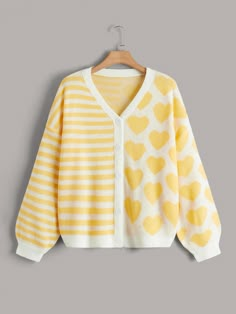 Yellow Casual Collar Long Sleeve Fabric Heart,Striped  Embellished Slight Stretch Fall/Winter Women Plus Clothing Yellow Clothes, Drop Shoulder Cardigan, Cardigan Casual, Yellow Cardigan, Plus Size Cardigans, Casual Cardigans, Cute Clothing, Plus Size Kleidung, Heart Pattern