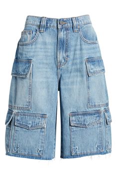 Channel laid-back skater style with these baggy nonstretch-denim shorts featuring raw hems and a plethora of cargo pockets for a lived-in look. 12" inseam; 12" front rise Zip fly with button closure Five-pocket style; cargo flap-patch pockets 100% cotton Machine wash, tumble dry Imported Denim Cargo Shorts, Aesthetic Outfits Men, Tailored Clothes, Baggy Shorts, Baggy Clothes, Baggy Denim, Denim Cargo, Denim Crafts, Style Cargo