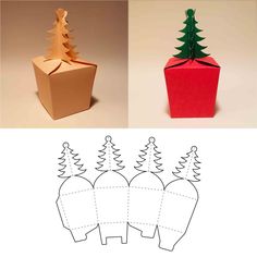 an origami christmas tree is placed on top of a present box and next to another paper cutout