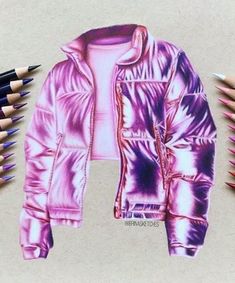 a drawing of a pink jacket next to colored pencils