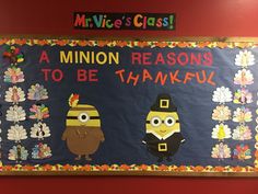 a bulletin board with two minion characters on it that says, a minion reason to be thanksgiving