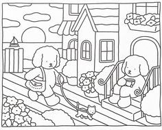 a coloring page with two bears playing in front of a house and dog on the steps