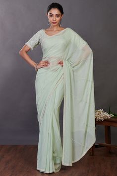 Shop mint green embroidered georgette sari online in USA with blouse. Make a fashion statement on festive occasions and weddings with designer sarees, designer suits, Indian dresses, Anarkali suits, palazzo suits, designer gowns, sharara suits, embroidered sarees from Pure Elegance Indian fashion store in USA.-full view Sea Green Saree, Georgette Saree With Blouse, New Address, Green Saree, Net Saree, Embroidery Saree, Georgette Saree