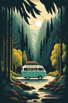 a van parked in the middle of a forest with mountains and trees on it's sides