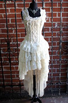 Shrine of Hollywood PARIS CABARET DRESS - IVORY TAFFETA Croquis, White Goth Dress, Brocade Corset Top, Pixie Clothes, Cabaret Dress, Paris Cabaret, Brocade Corset, White Goth, Ribbon Laces