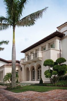 a palm tree in front of a large house