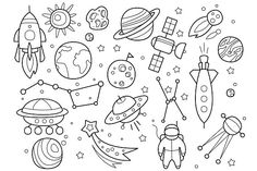 Space Objects in Hand drawn by TopVectors on @creativemarket Space Objects, Drawing Flowers, 자수 디자인, Doodle Sketch, Flower Doodles, Print Out