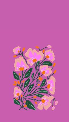 pink flowers with green leaves on a purple background