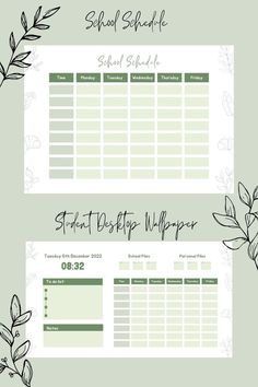 two green and white printable planner pages with leaves on the top, one is blank