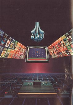 an advertisement for the atari computer game, with images of video games on it's screen