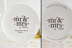 two wedding plates with the names mr and mrs printed on them