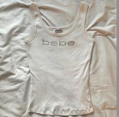 90s White Tank Top Outfit, Bebe Shirt 2000s, Bebe Clothes 2000s, White Tank Top Outfit Aesthetic, White Shirt Y2k, White Tank Top Outfit, Bebe Shirts, Sick Clothes, Y2k Tank Top