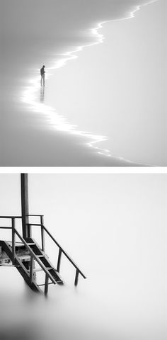 two black and white images of people walking on the beach, one with his back to the camera