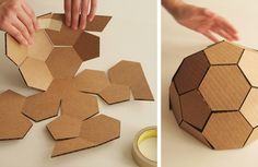 two pictures side by side, one is made out of cardboard and the other has been cut into smaller hexagonal shapes