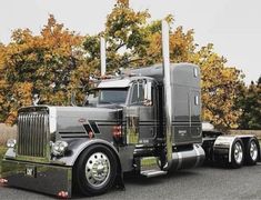 a large semi truck is parked on the side of the road in front of some trees